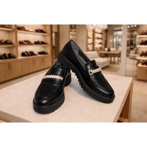 Franco Sarto Carol Bling Loafers Women’s 7 Black Rhinestone Lug Sole Preppy Fun